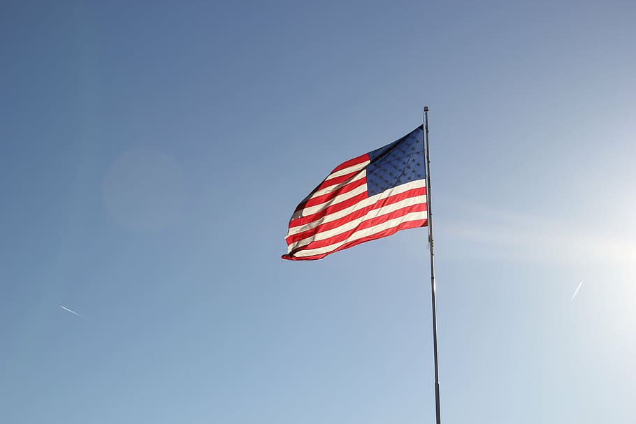 flag, usa, sky, patriotism, low angle view, nature, red, wind HD wallpaper