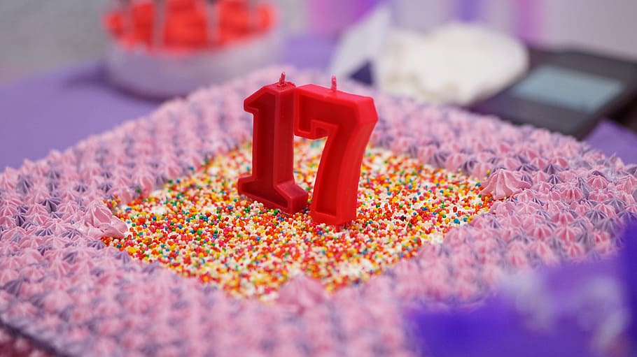 birthday, cake, seventeen, red, selective focus, indoors, close-up
