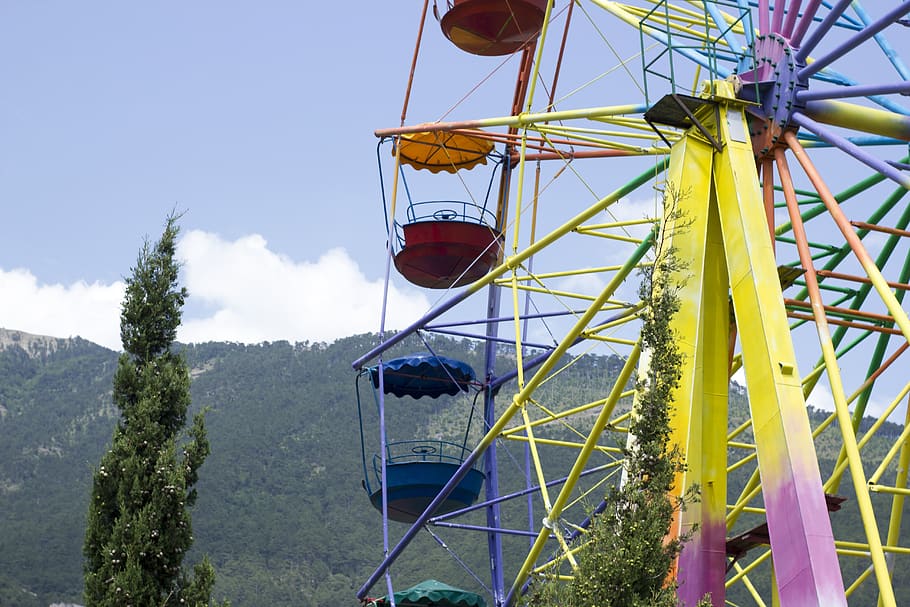 carousel, mountains, entertainment, sky, amusement park, arts culture and entertainment HD wallpaper