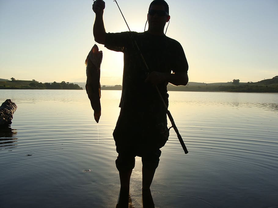 Fisherman, Silhouette, lake, reflection, adult, standing, sunset HD wallpaper