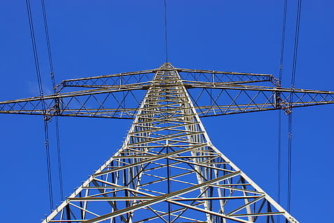low angle photo of utility post, strommast, current, line, power poles HD wallpaper