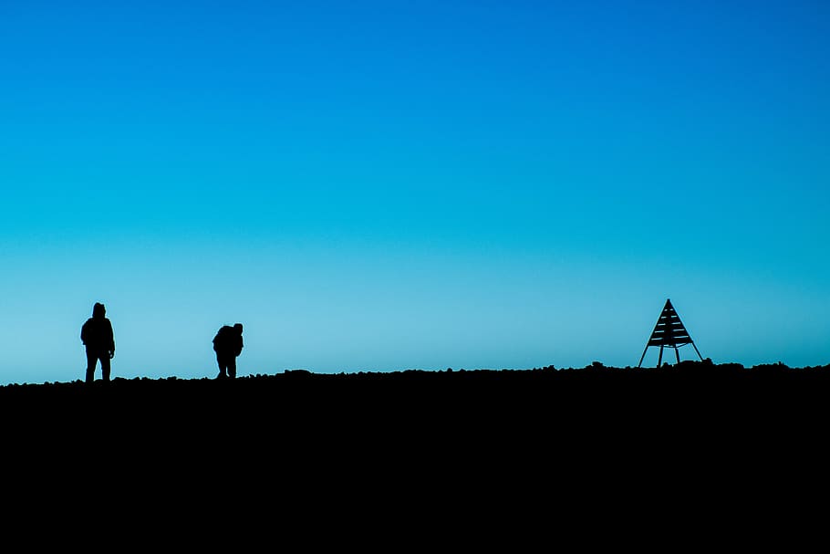silhouette of two person standing on ground near tent at daytime, silhouette photo of men, HD wallpaper