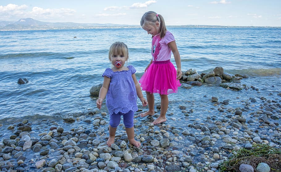 two girls on seashore, children, females, happy, cute, kid, smile