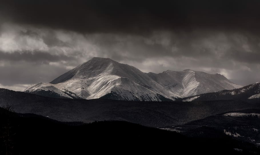 grayscale photography of mountain under cloudy sky, photography of mountain HD wallpaper