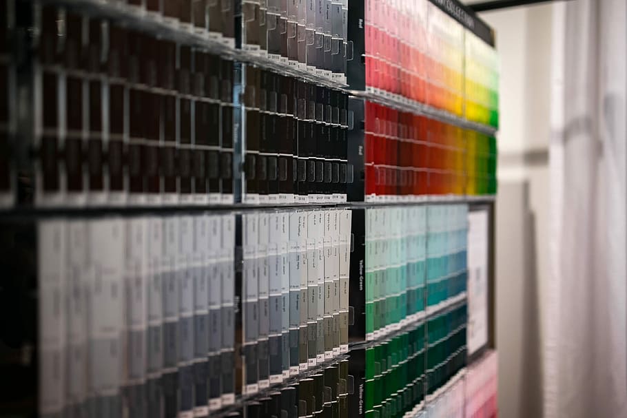 Wall with colour samples, design, paint, palette, fence, shelf HD wallpaper
