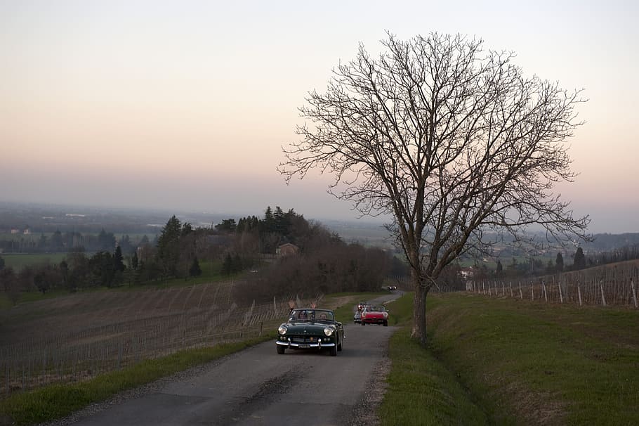 tuscany, auto, sunset, sky, landscape, car, vintage car, transportation HD wallpaper