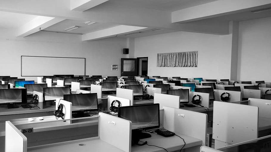 white office desks with black headsets, offices, business, computer