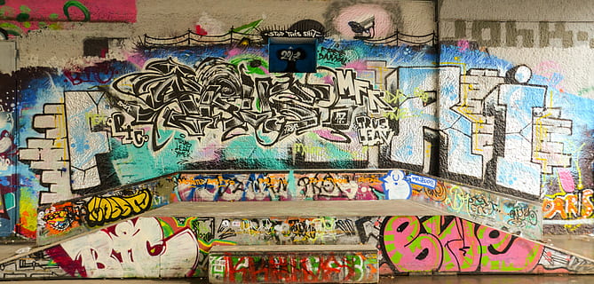 blue, white, and green graffiti, art, skateboard, halfpipe HD wallpaper