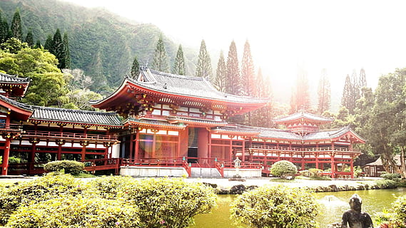 temple in front of body of water, red and green pagoda temple surrounded by trees near pond HD wallpaper