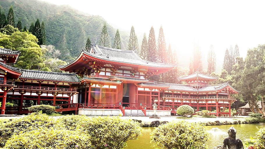 temple in front of body of water, red and green pagoda temple surrounded by trees near pond HD wallpaper