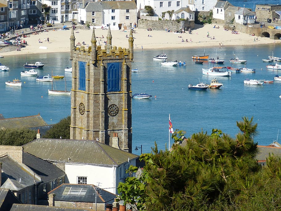 st ives, steeple, england, cornwall, coast, beach, boot, church HD wallpaper
