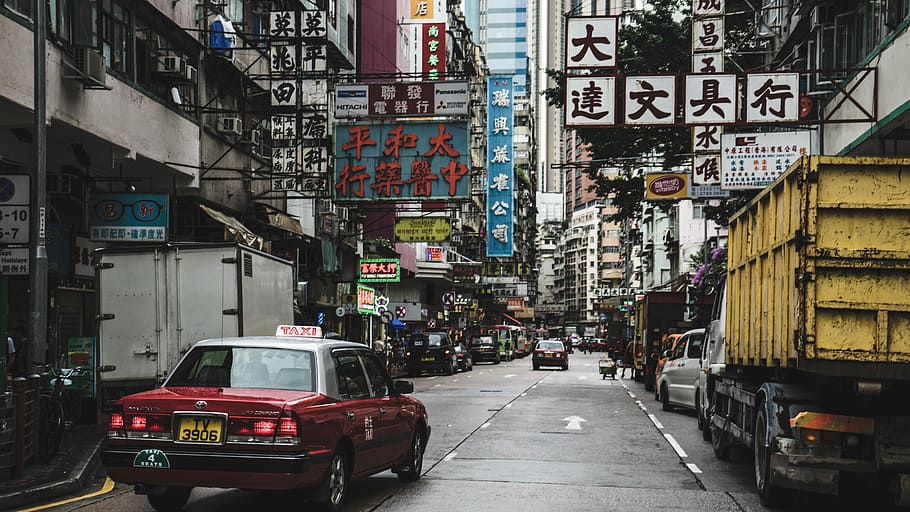 red taxi on road near building during daytime, street, urban Scene HD wallpaper