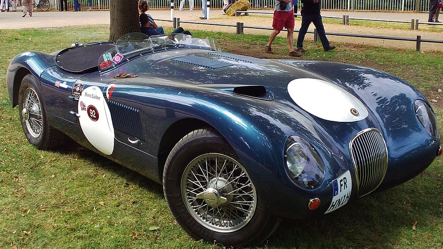 Jaguar, Machine, Retro, sport, car, grass, people, outdoors HD wallpaper