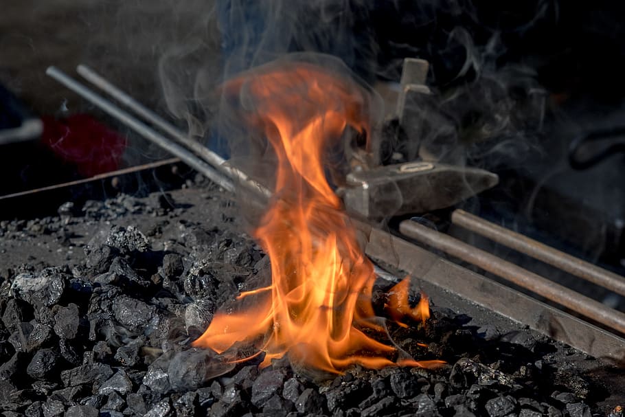 charcoal with flame near black metal tool, forge, fire, iron, HD wallpaper