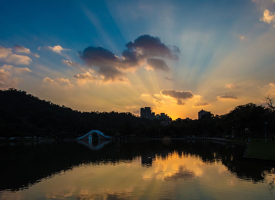 dawn, waters, sunset, reflection, cloud - sky, tree, waterfront HD wallpaper