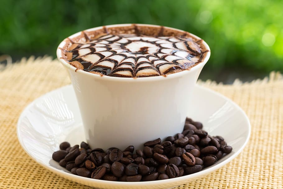 Cappuccino with spider web pattern, beverage, caffeine, cocoa HD wallpaper