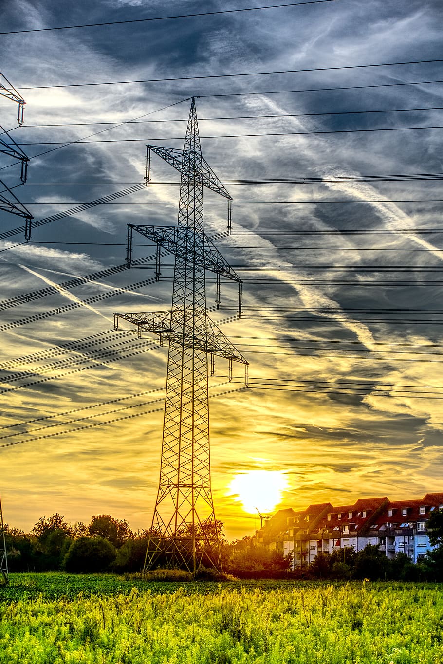 sunset, strommast, current, power cable, catenary, power line HD wallpaper