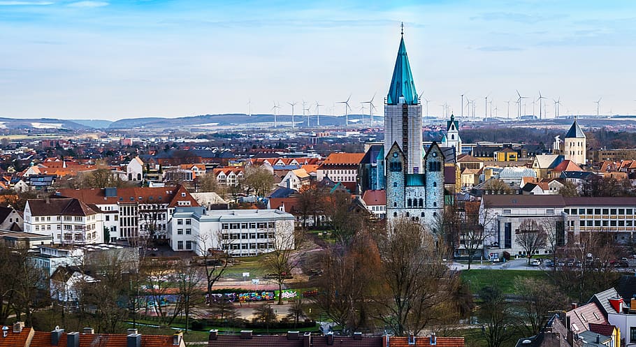 city, urban landscape, panorama, architecture, cathedral, paderborn, HD wallpaper