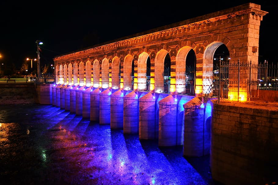 konya, beyşehir, reflection, arch, illuminated, night, architecture HD wallpaper