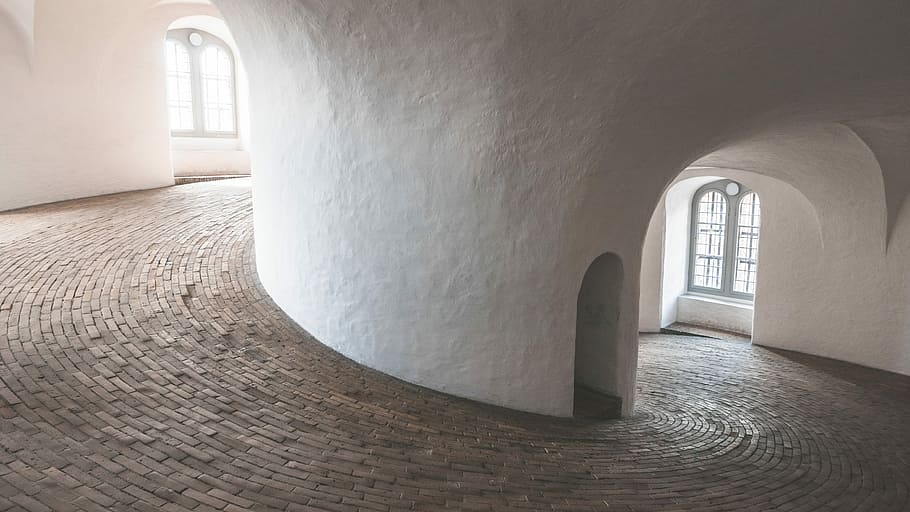 zigzag pathway, white concrete building, brick, spiral, tower HD wallpaper