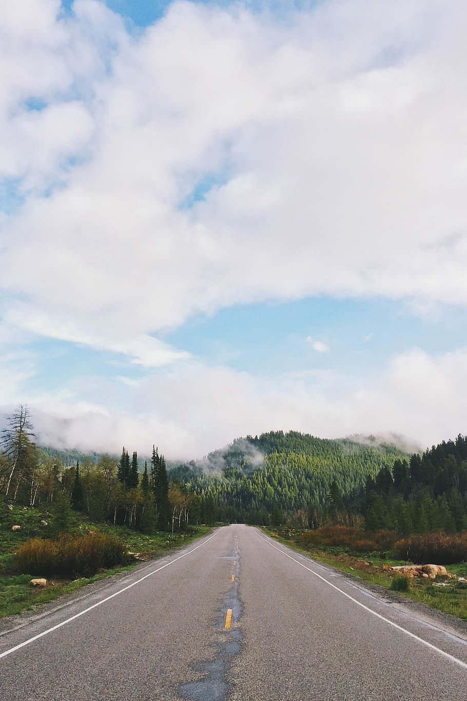 brown concrete road surrounded with trees under cloudy sky during daytime, road towards green hill under white clouds HD wallpaper