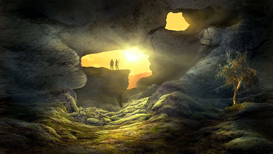 silhouette of two men on rock during golden hour digital illustration, HD wallpaper