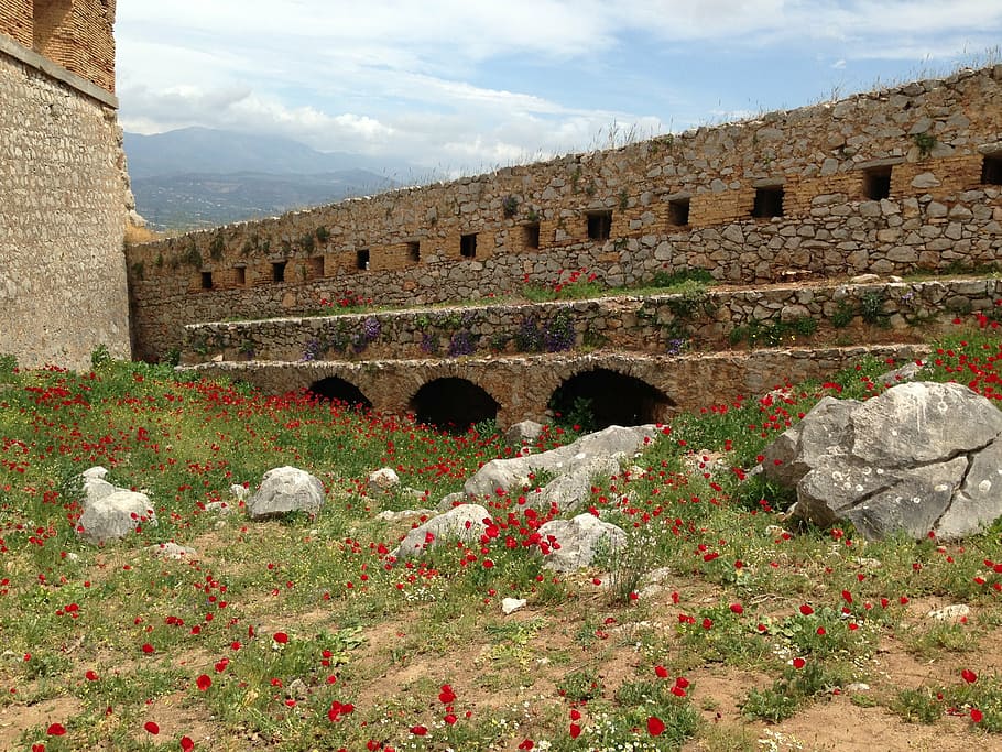 greece, flower, wall, architecture, scenic, greek, mediterranean HD wallpaper