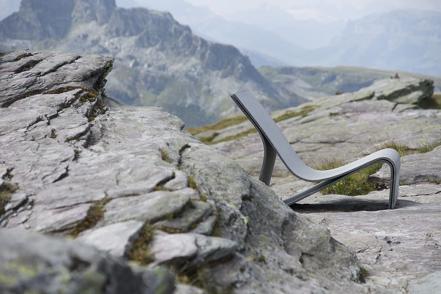 stone, chair, rock, mountain, day, mountain range, no people HD wallpaper