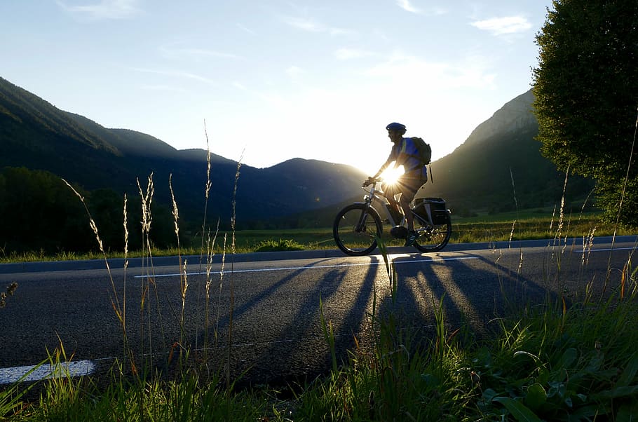 man on bicycle, bike, electric, setting, sun, cycling, sport