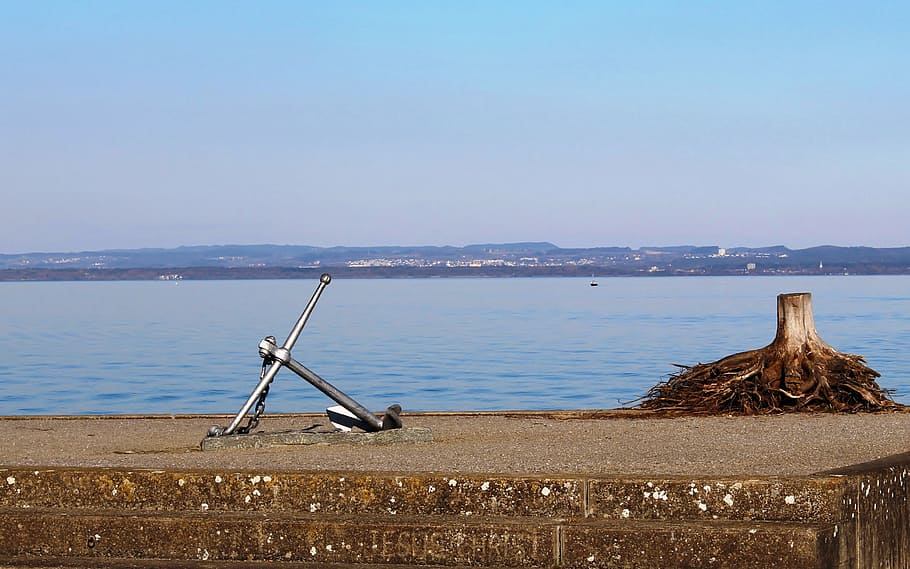kai, mole, port, anchor, tree trunk, lake, lake constance, german banks HD wallpaper