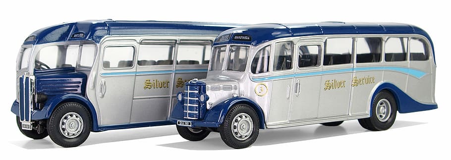 two blue-and-white coach bus die-cast models, bedford, aec, buses