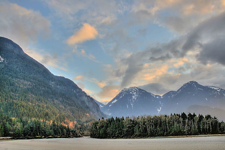 mountains, sunset, trees, landscape, scenic, clouds, scenery HD wallpaper