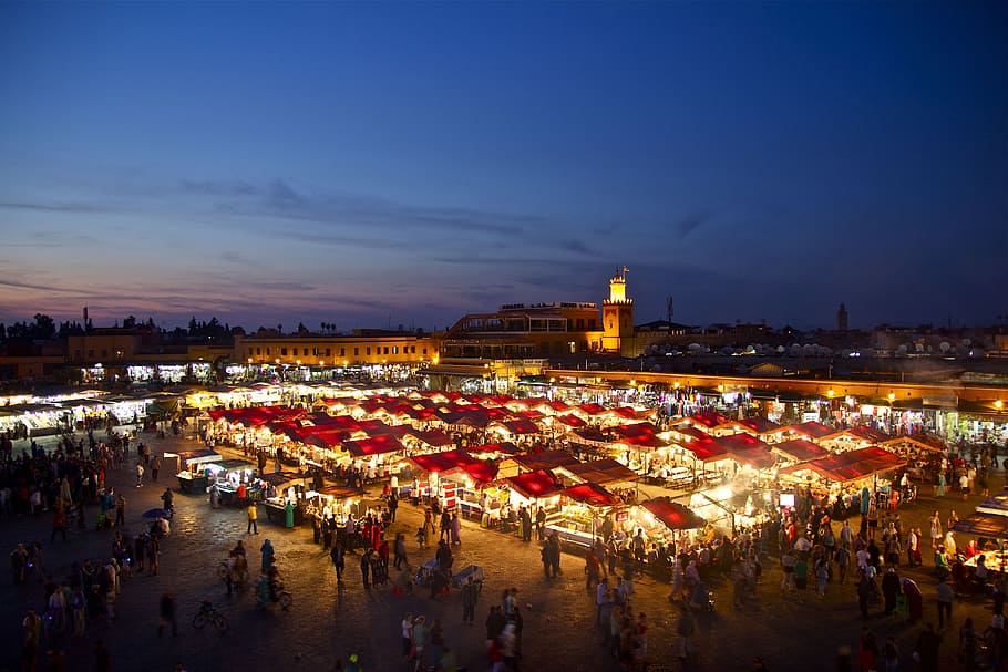 night market view, morocco, oriental, marrakech, architecture, HD wallpaper