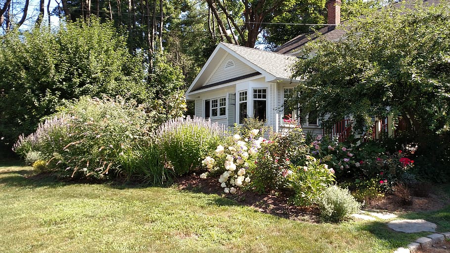 white wooden house, spring, front door, front yard, flowers HD wallpaper