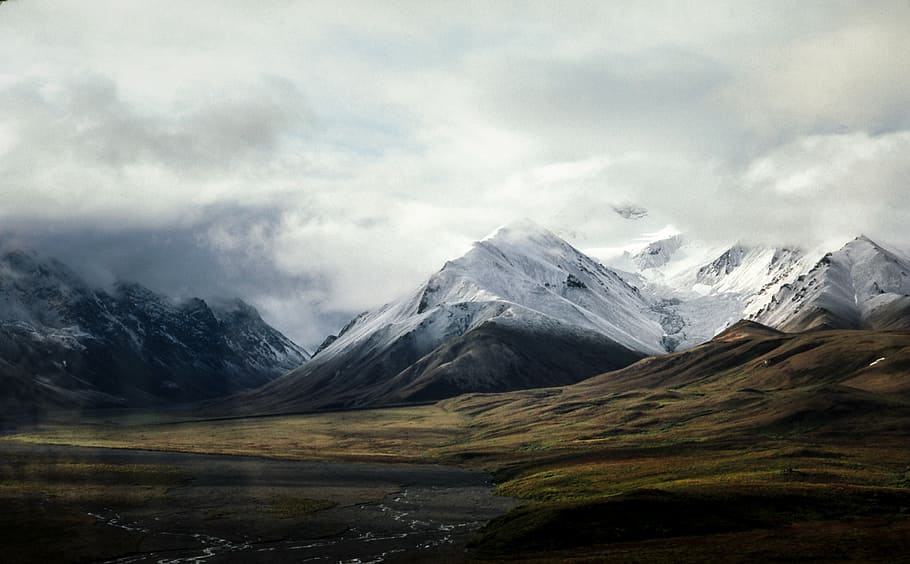 alps, clouds, cloudy, highlands, landscape, mountain range HD wallpaper