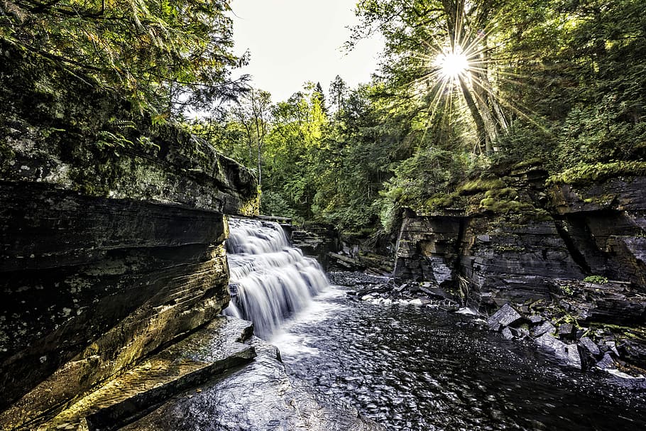 time-lapse photo of waterfalls surrounded by trees at daytime, body of water surrounding trees HD wallpaper