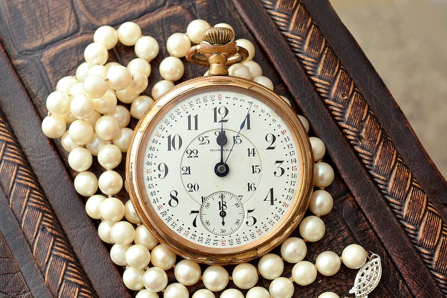 old, antique, vintage, clock, pearl, watch, time, pocket, precious