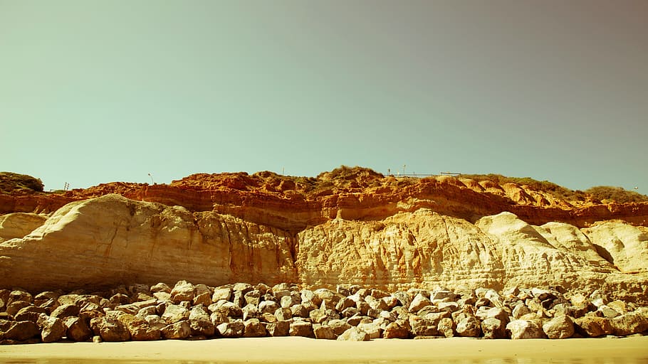 beach, sand, rocks, shore, sky, summer, clear sky, rock - object HD wallpaper