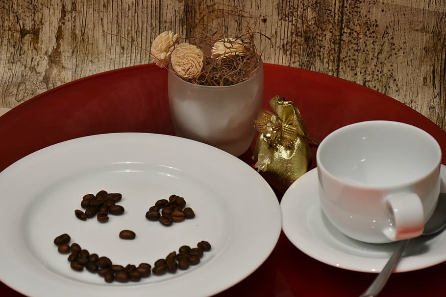 plate, cup, coffee cup, coffee beans, cover, tableware, white HD wallpaper