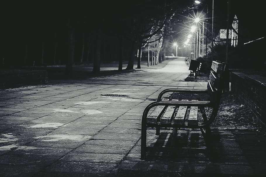 bench, black-and-white, city, dark, evening, illuminated, lampposts, HD wallpaper