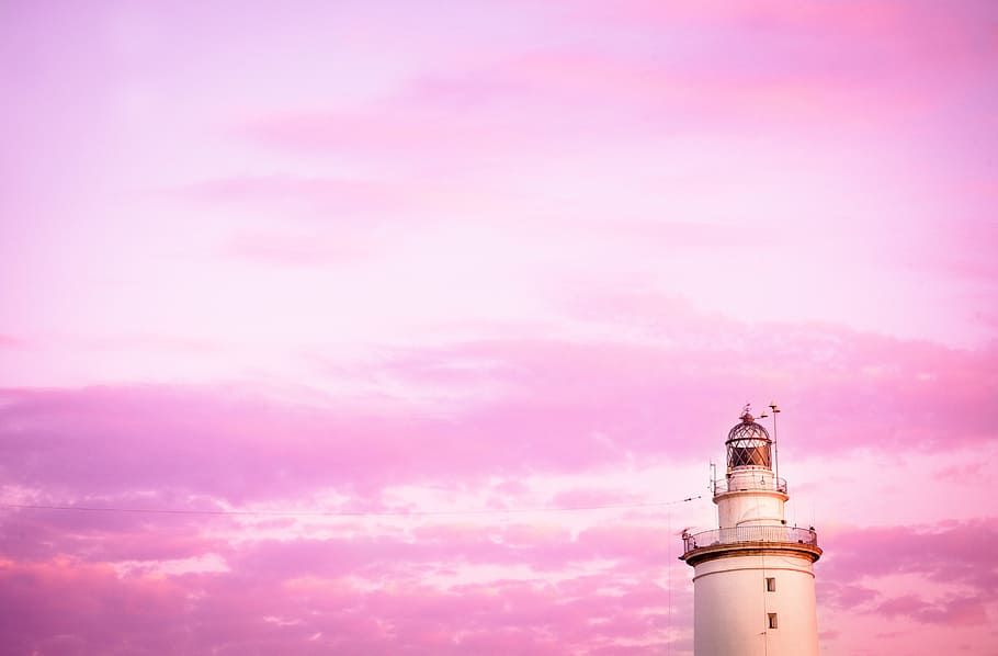 white lighthouse, purple, sky, clouds, sunset, architecture HD wallpaper