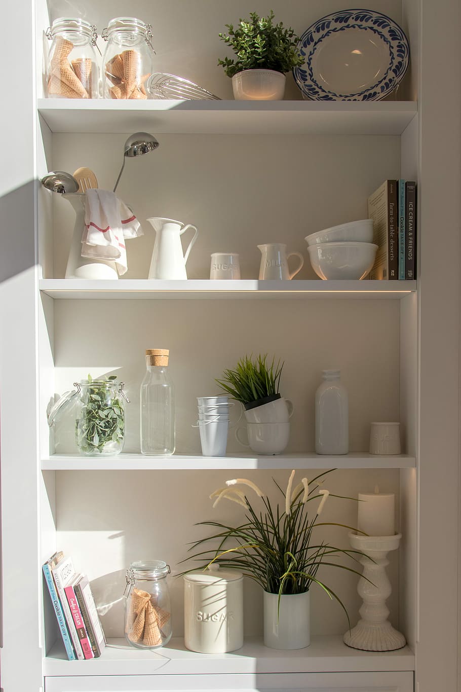 bowls and bottles in white wooden 4-layer shelf, ceramic dinnerware on white wooden rack HD wallpaper