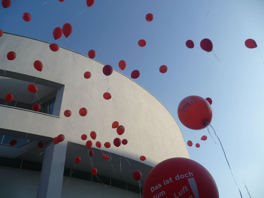 balloon, upgrade, red, fly, festival, celebration, low angle view HD wallpaper
