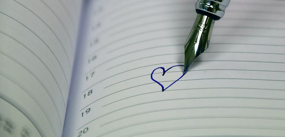 silver fountain pen drew a heart in white ruled paper, book, calendar, HD wallpaper
