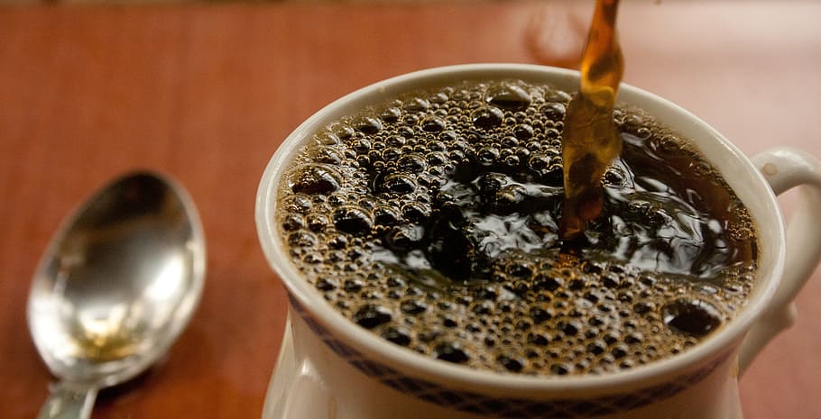 cup of coffee beside spoon, pouring, tea, teaspoon, teacup HD wallpaper