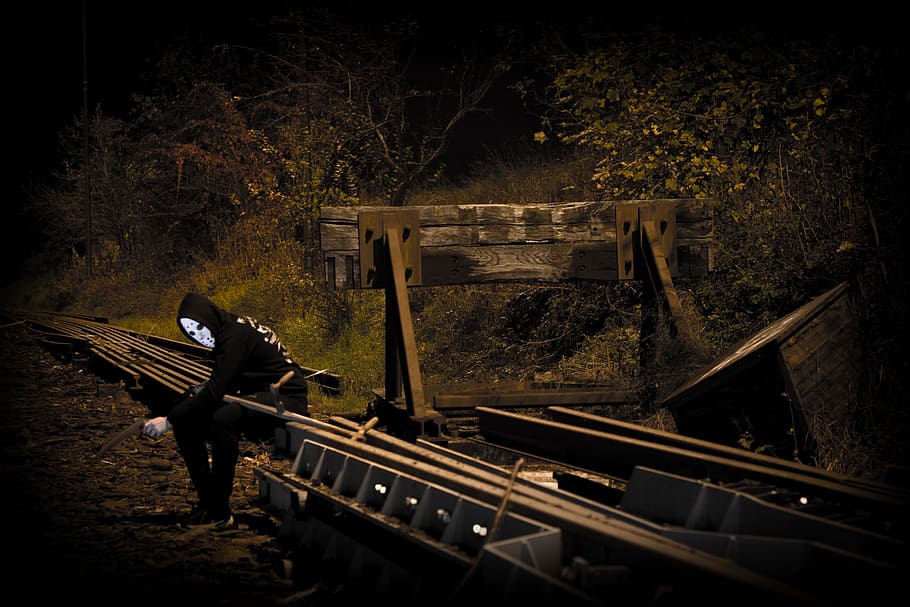 halloween, track, mask, one person, tree, plant, transportation HD wallpaper