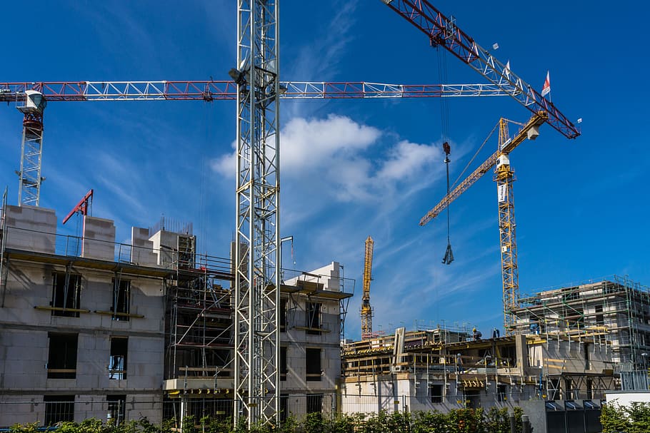 crane near under-construction building, site, architect, construction work, HD wallpaper