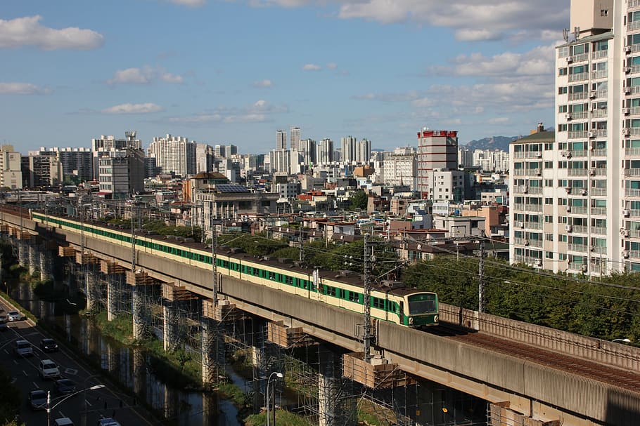white train on gray concrete rail track, subway, republic of korea, HD wallpaper