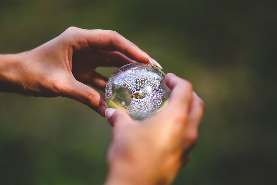 ball, crystal, future, glass, hands, human hand, holding, human body part HD wallpaper