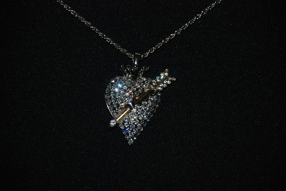 silver-colored diamond encrusted heart pendant necklace, Jewelry